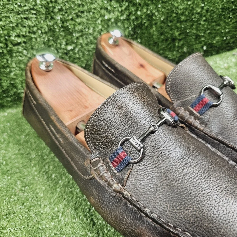 Martin Dingman Bermuda Brown Pebble Grain Leather Horse Bit Loafers Mens Size 15